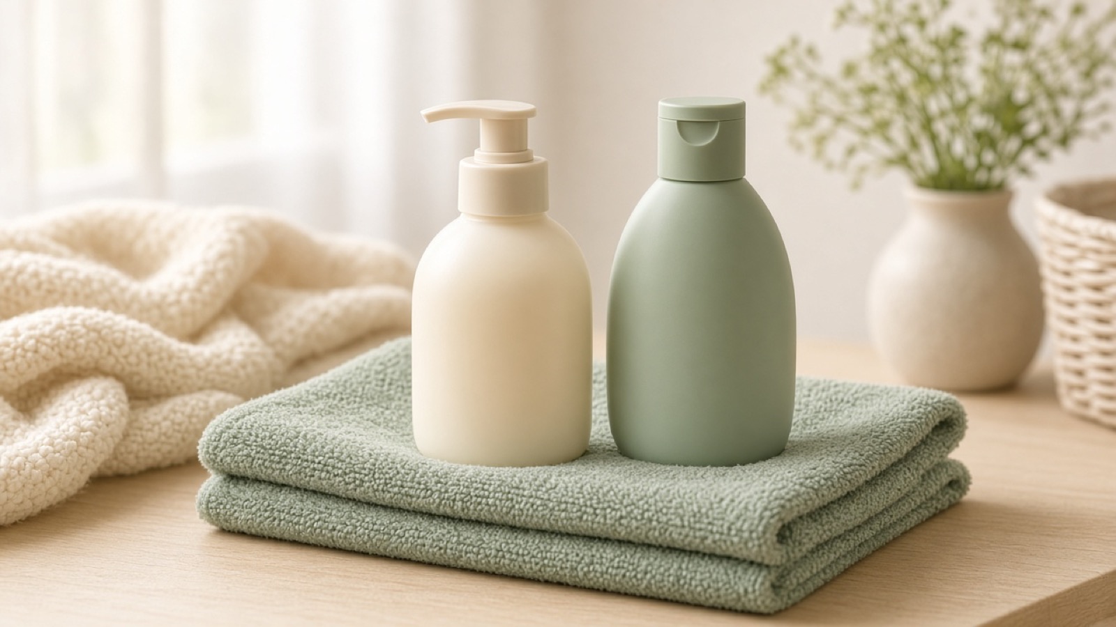 Baby wash and lotion bottles on a soft towel in gentle morning light