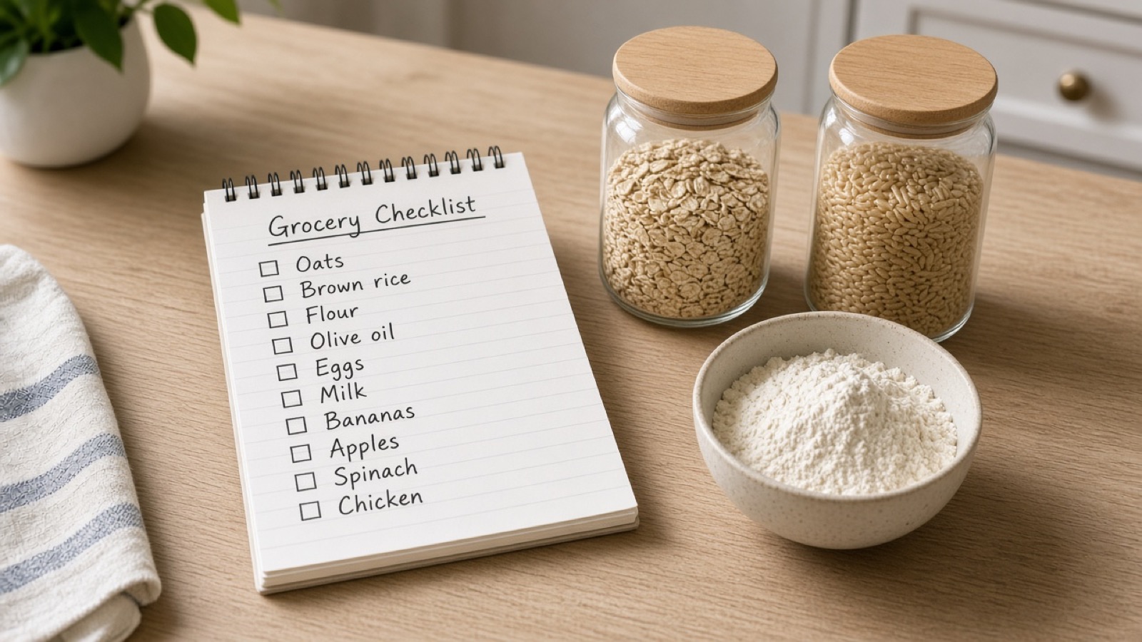 Notepad checklist beside pantry items on a kitchen table