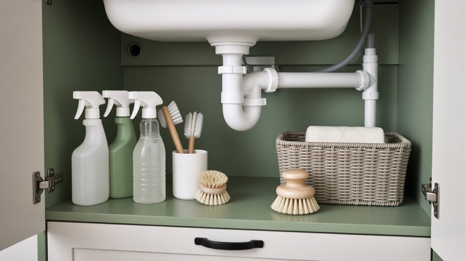 Open under-sink cabinet with tidy cleaning bottles