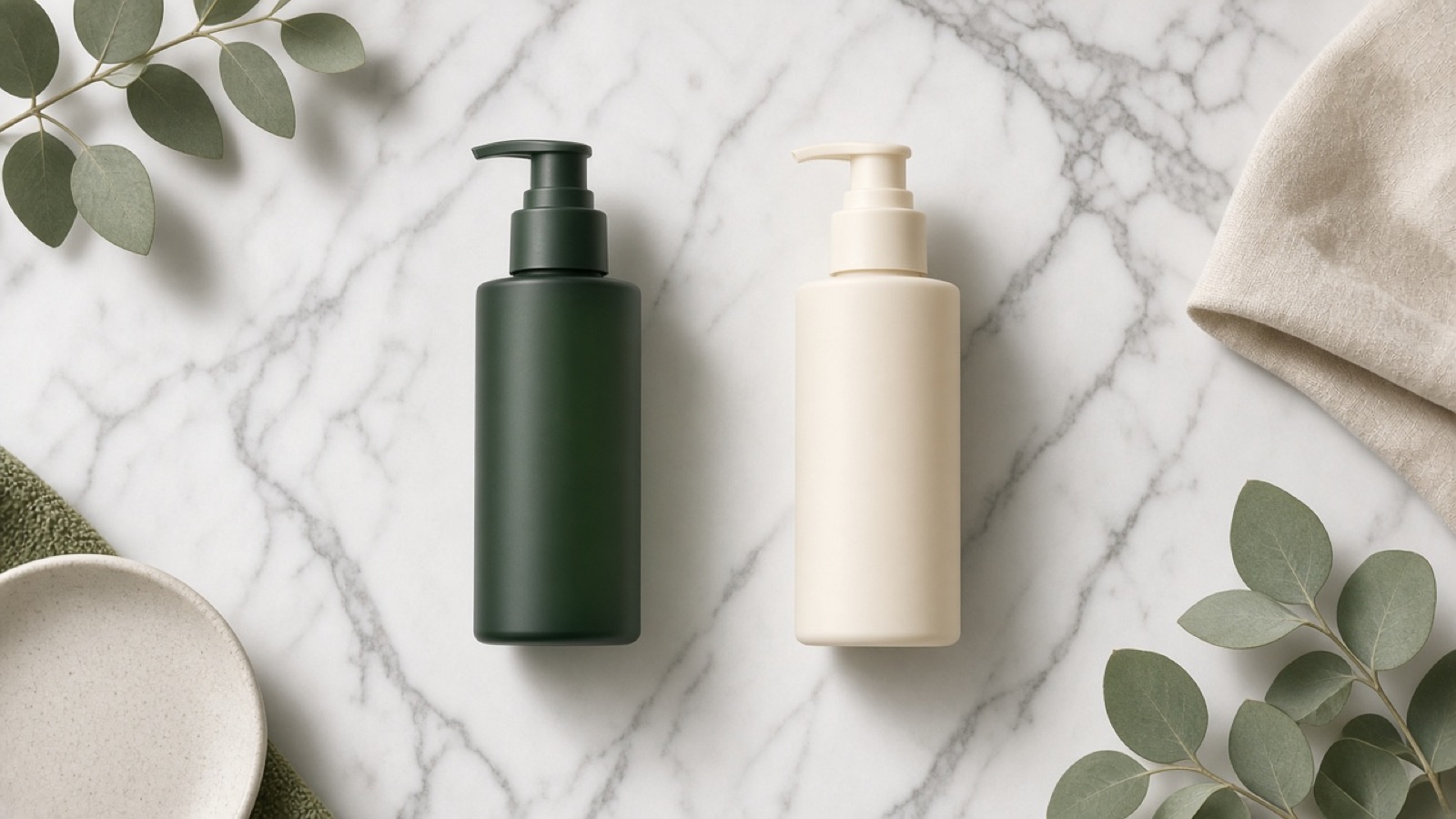 Top-down view of two product bottles being compared on a counter