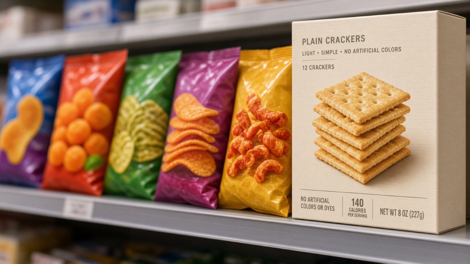 Colorful snack packages beside a plain cracker box