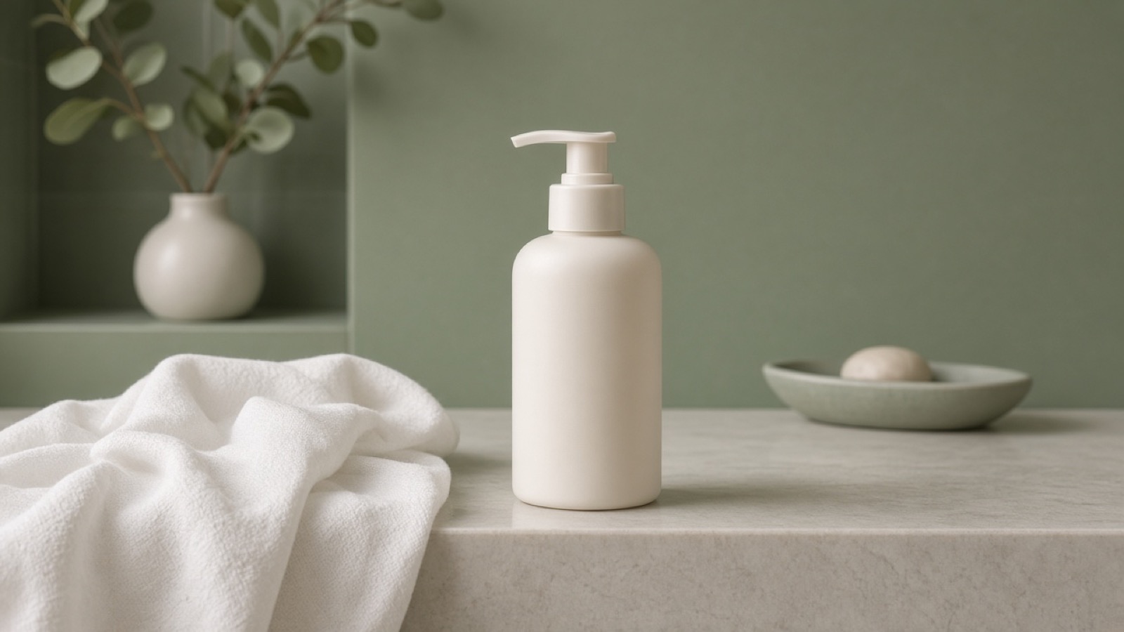 Unscented-style lotion bottle with soft cotton in bathroom light