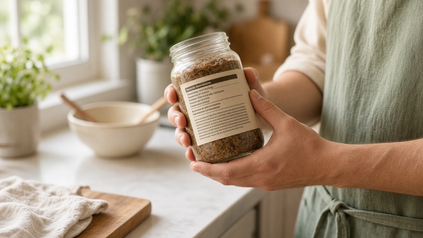 Hands reading an ingredient label on a glass jar in soft kitchen light