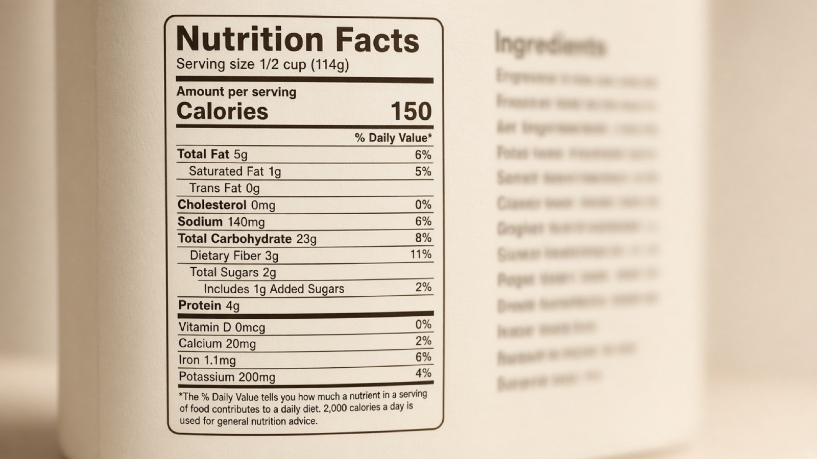 Nutrition Facts panel on packaged food in soft kitchen light