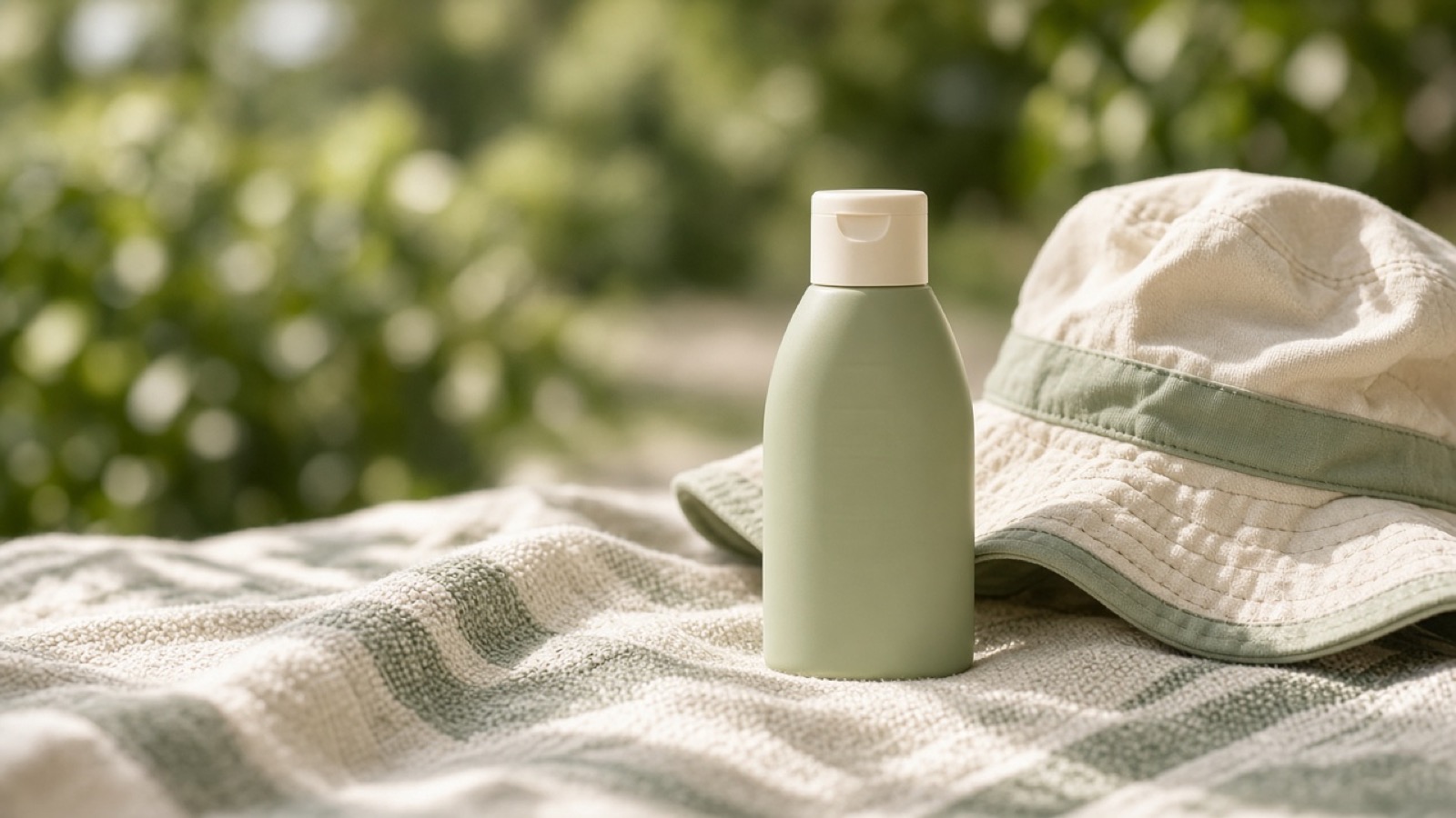 Kids sunscreen bottle and sun hat on an outdoor blanket