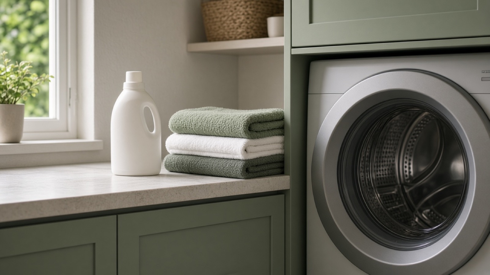 Laundry detergent bottle beside a washing machine and towels