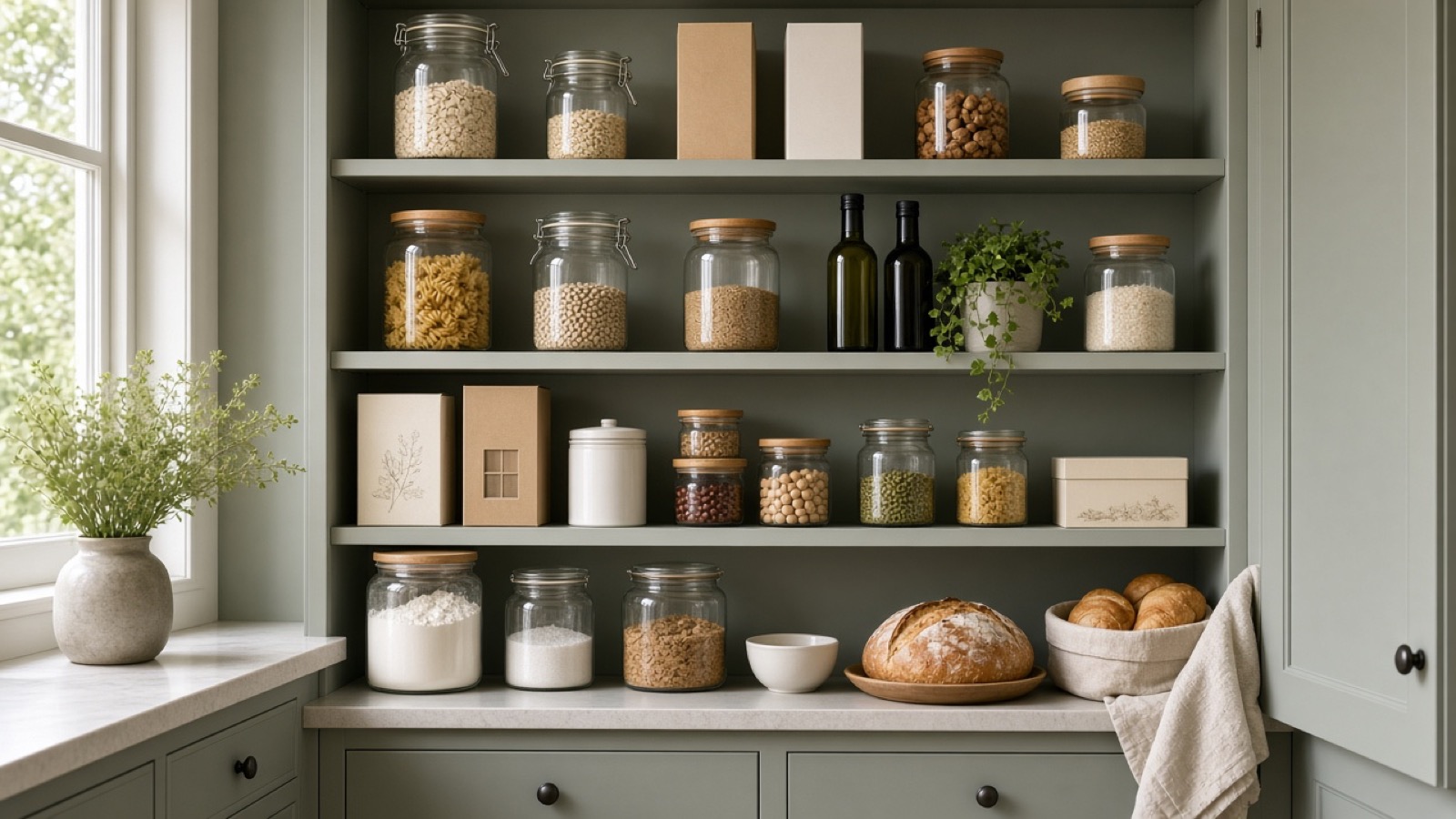 Organized pantry shelves with household staples in soft natural light