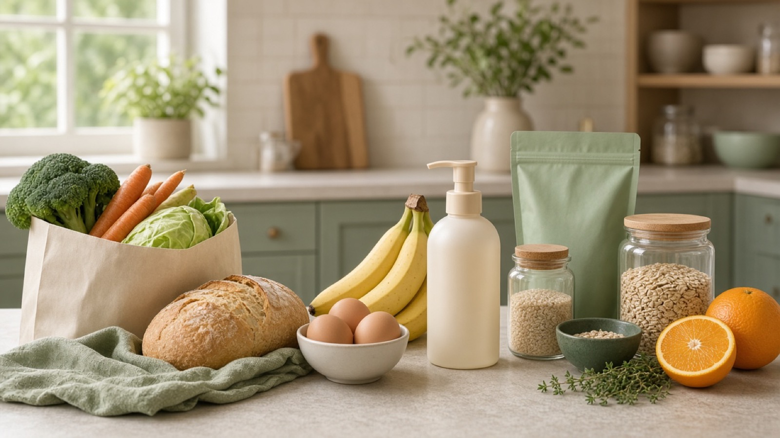 Kitchen counter with groceries and a lotion bottle together