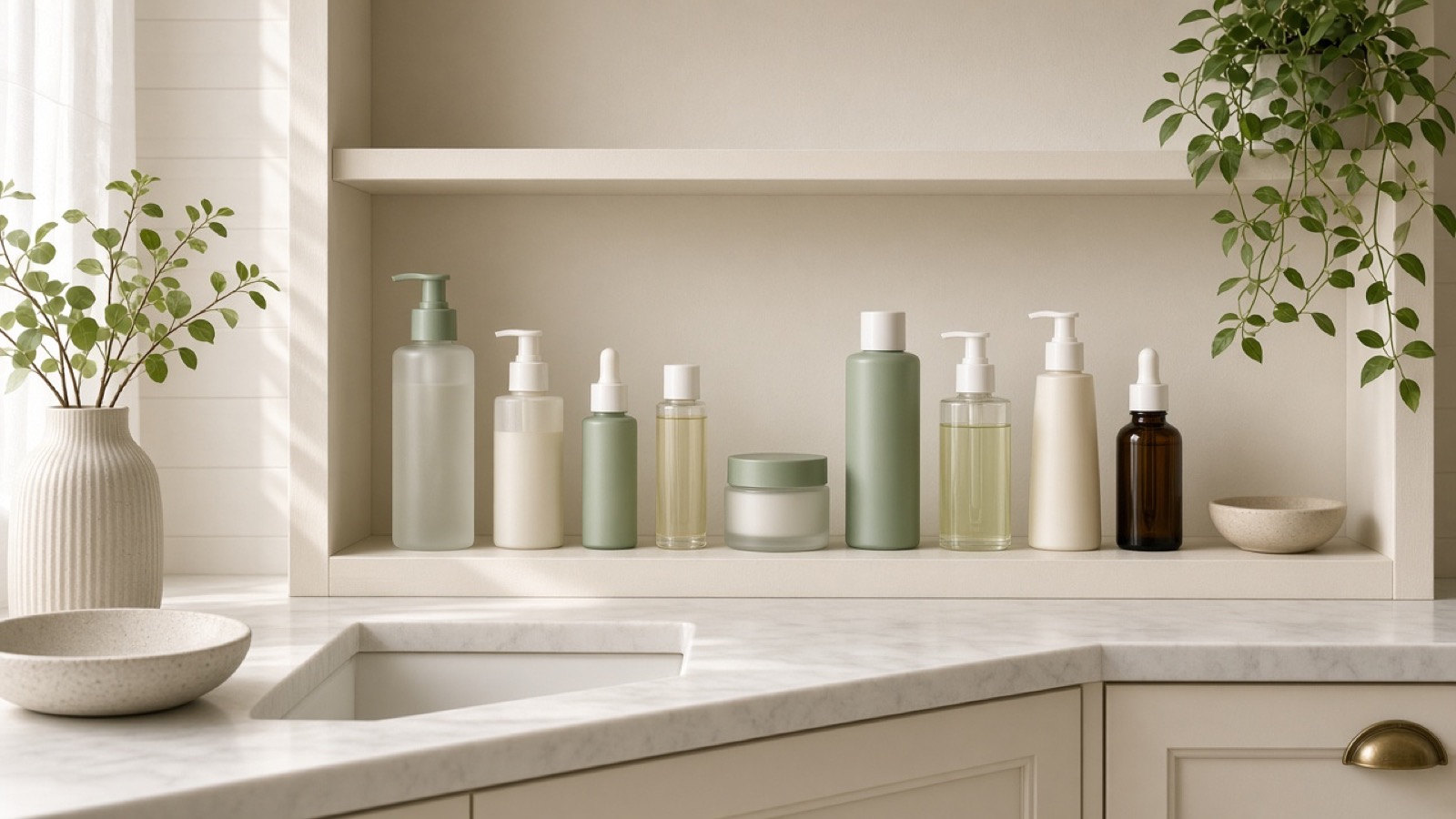Organized bathroom cabinet shelf with skincare bottles