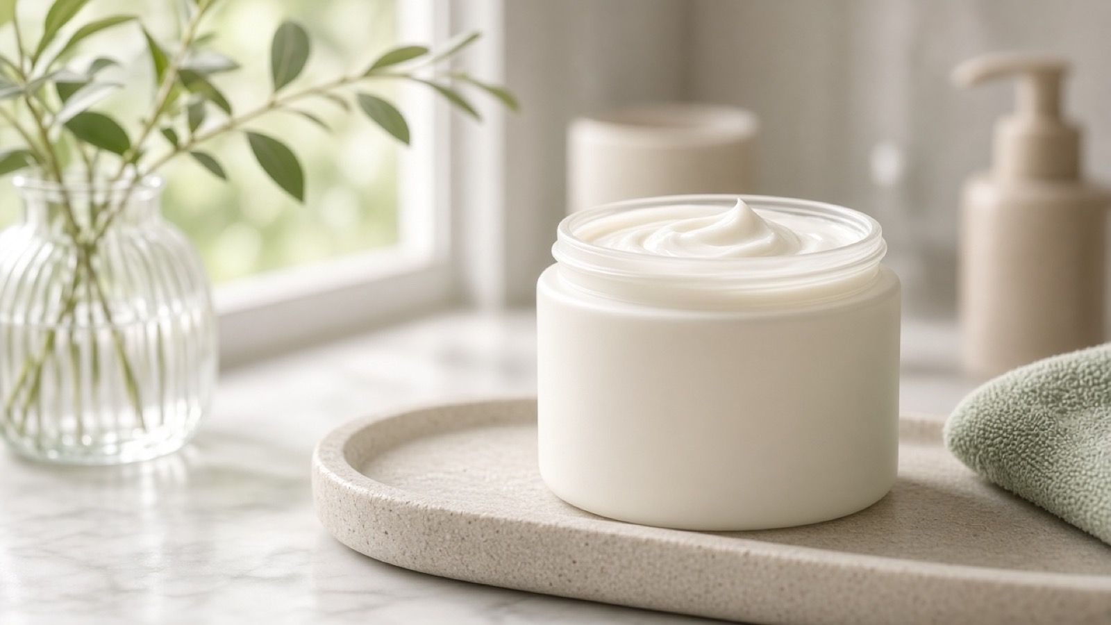 Open moisturizer cream jar in soft morning bathroom light