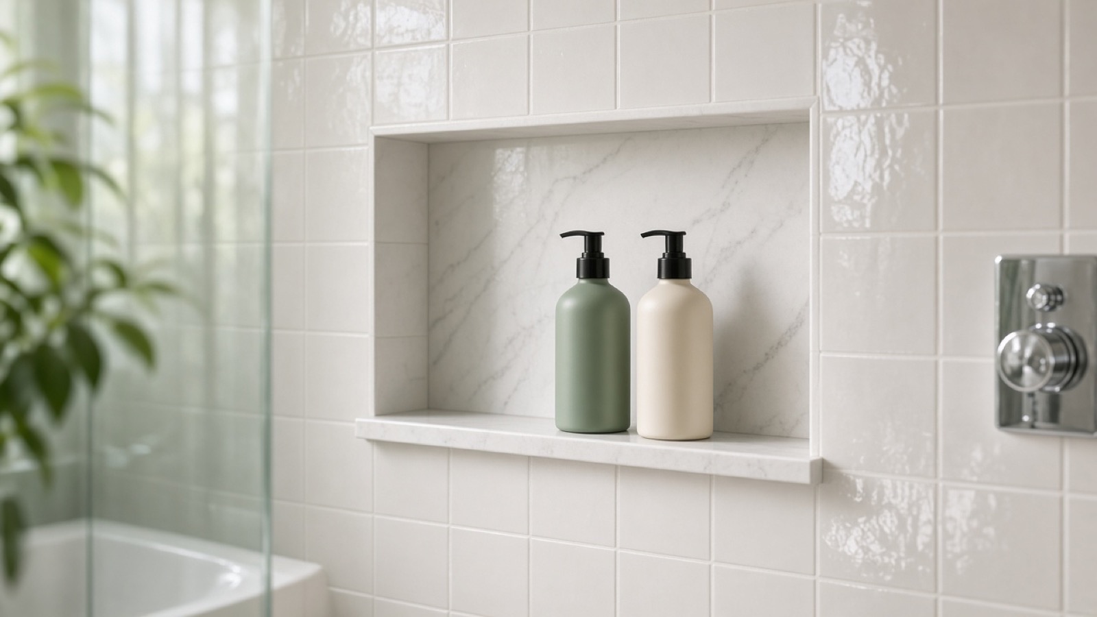 Shampoo and body wash bottles in a bright shower niche