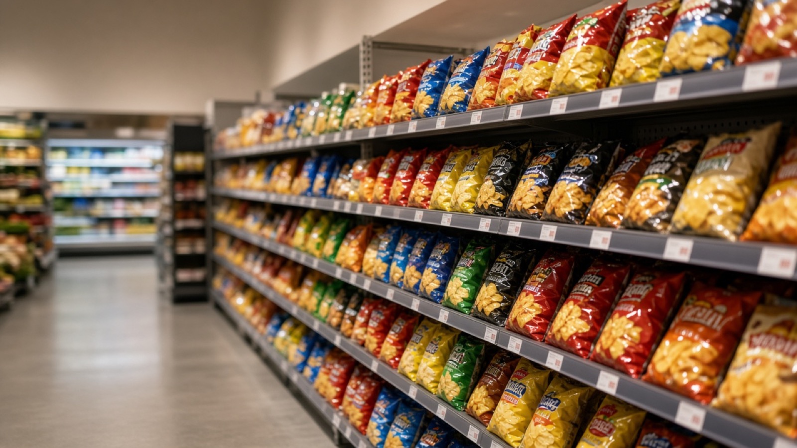 Soft-focus view down a grocery snack aisle