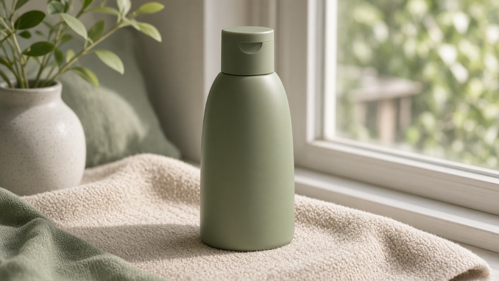 Sunscreen bottle on a light towel near a bright window
