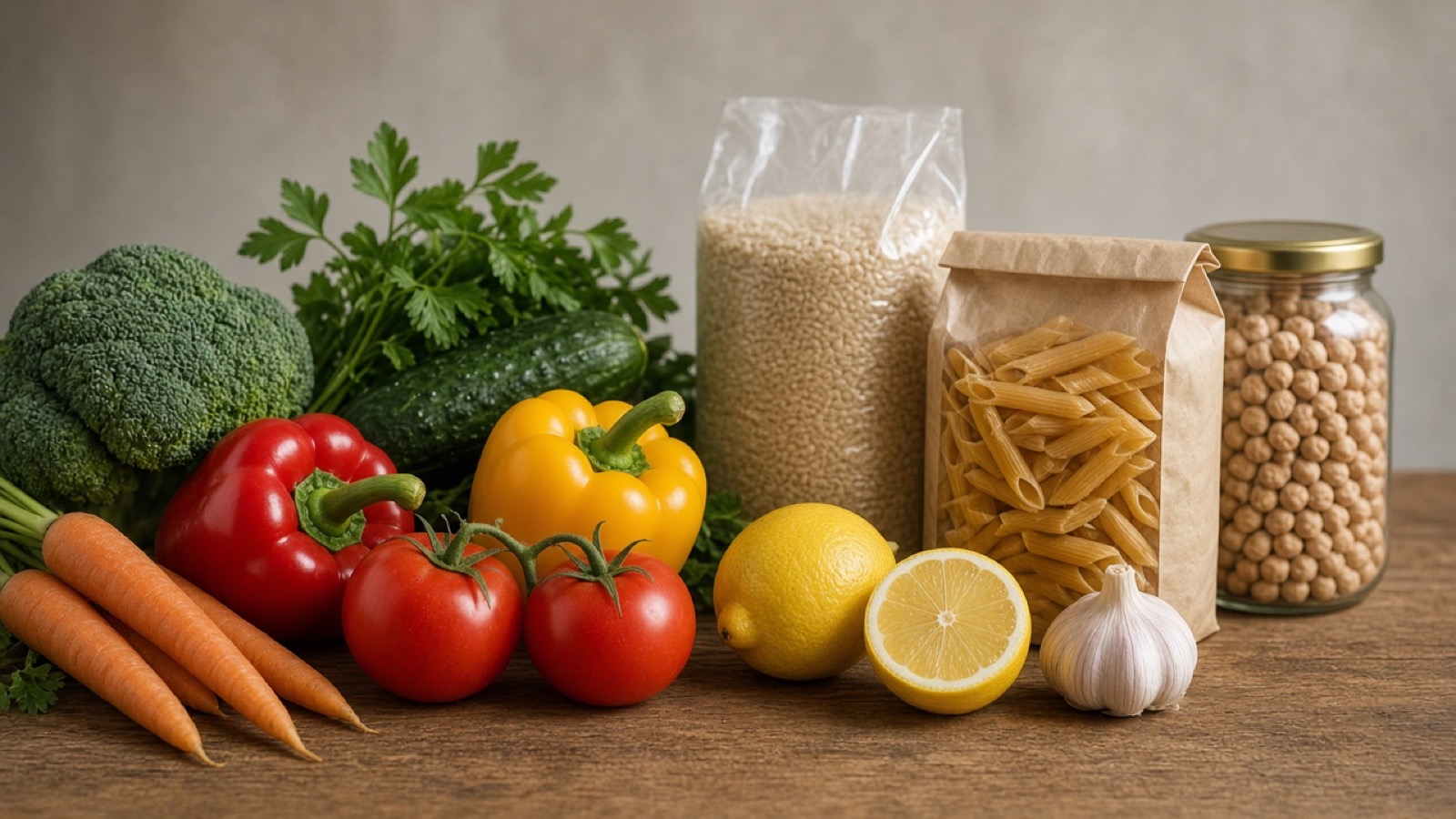 Fresh produce beside pantry packaged foods on a wood table