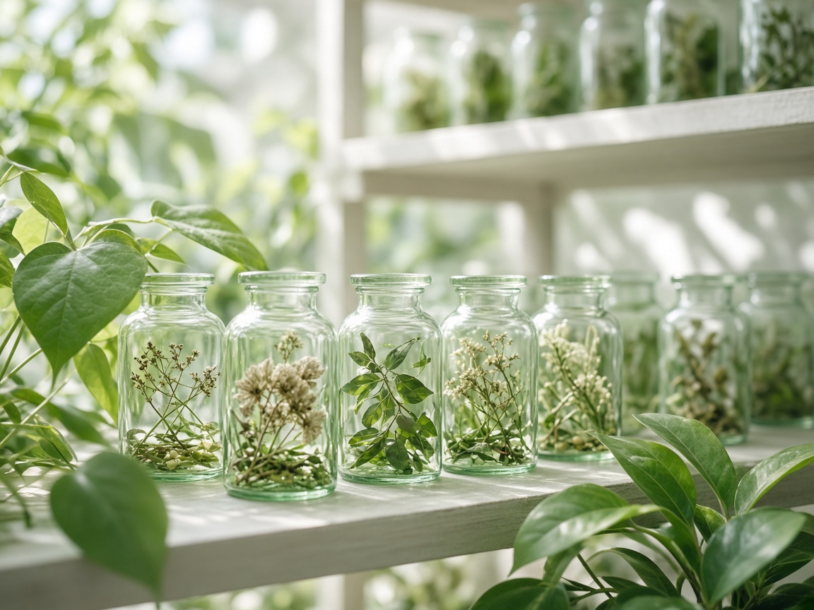 Shelves of botanical samples suggesting a living product catalog