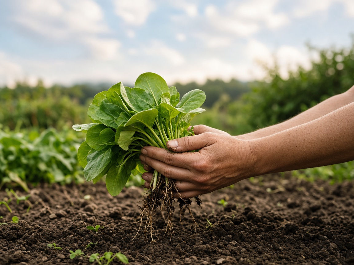 Hands holding fresh greens above soil